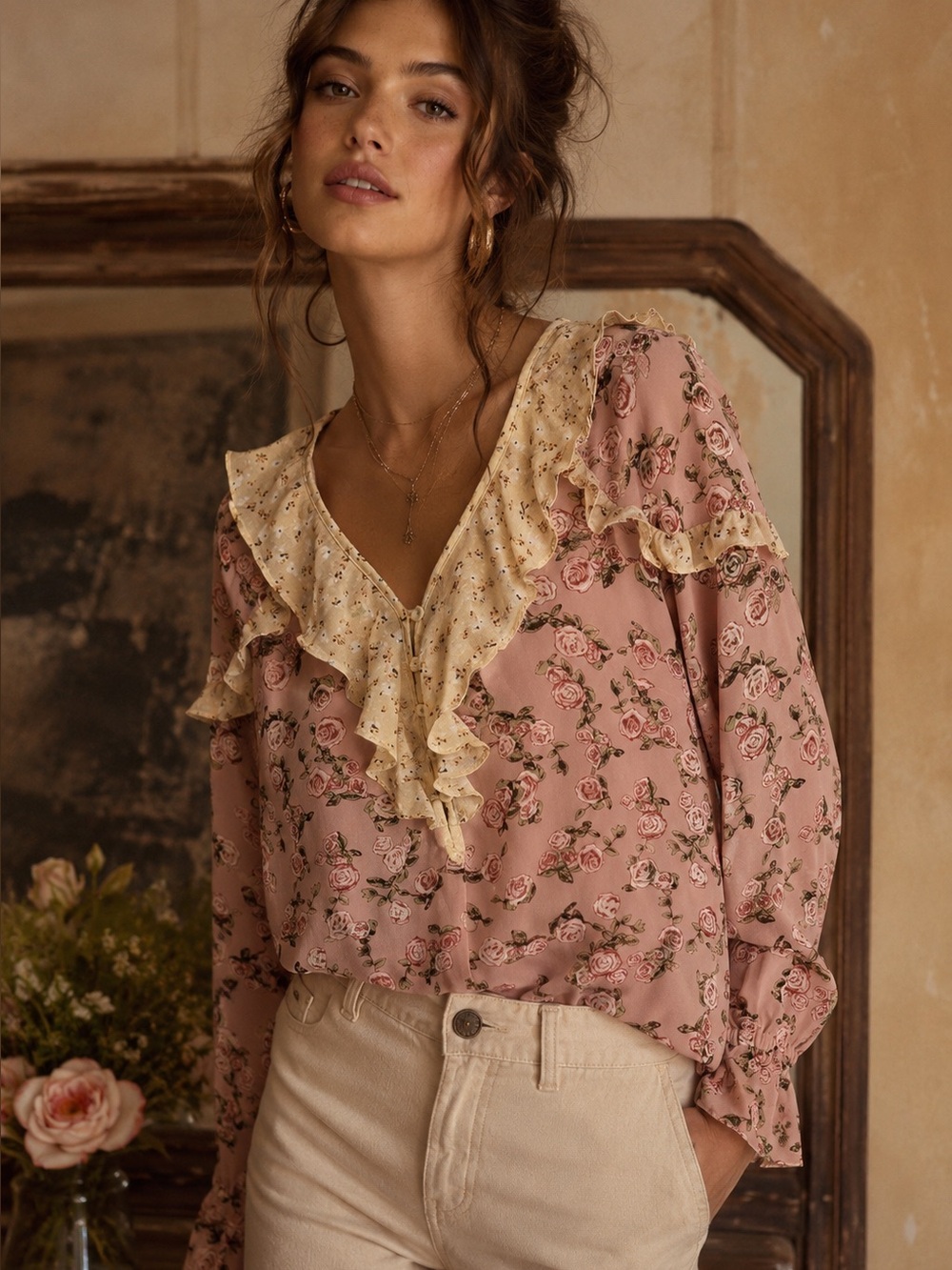 DR2 Pink Rose Floral Ruffle Blouse Size Small Romantic Cottagecore Feminine